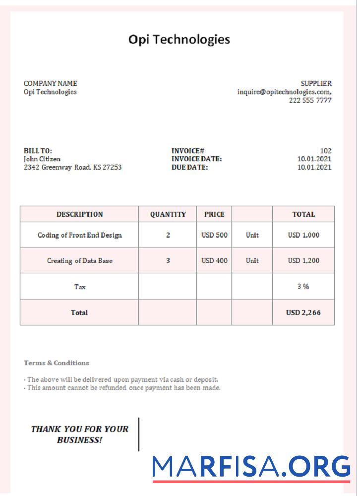 Downloadable USA Opi Technologies invoice template
